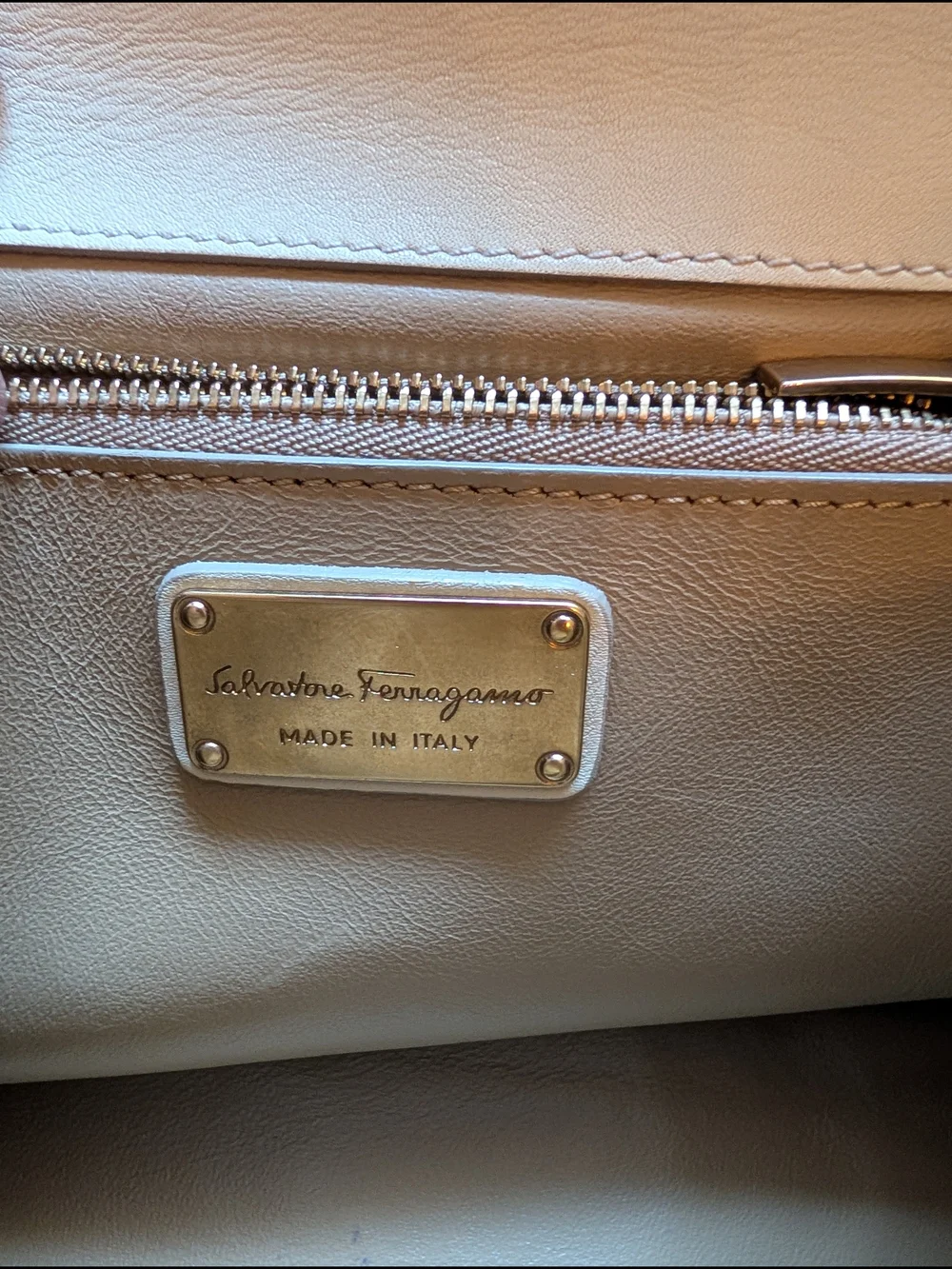 Salvatore Ferragamo Cream & Beige Stud-Trim Top-Handle Satchel